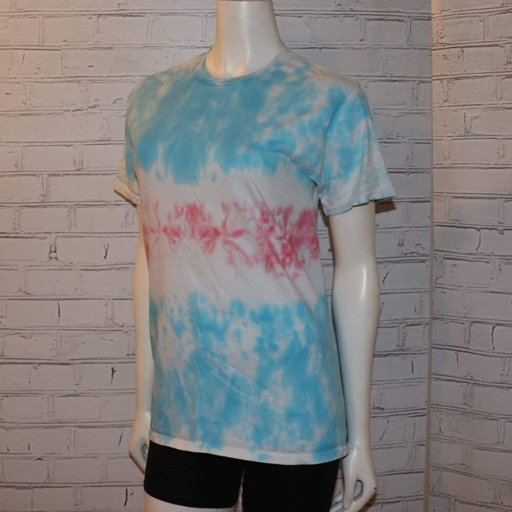 💙🌸 Handmade · Blue, White & Pink Tie-Dye Tee · Size Small